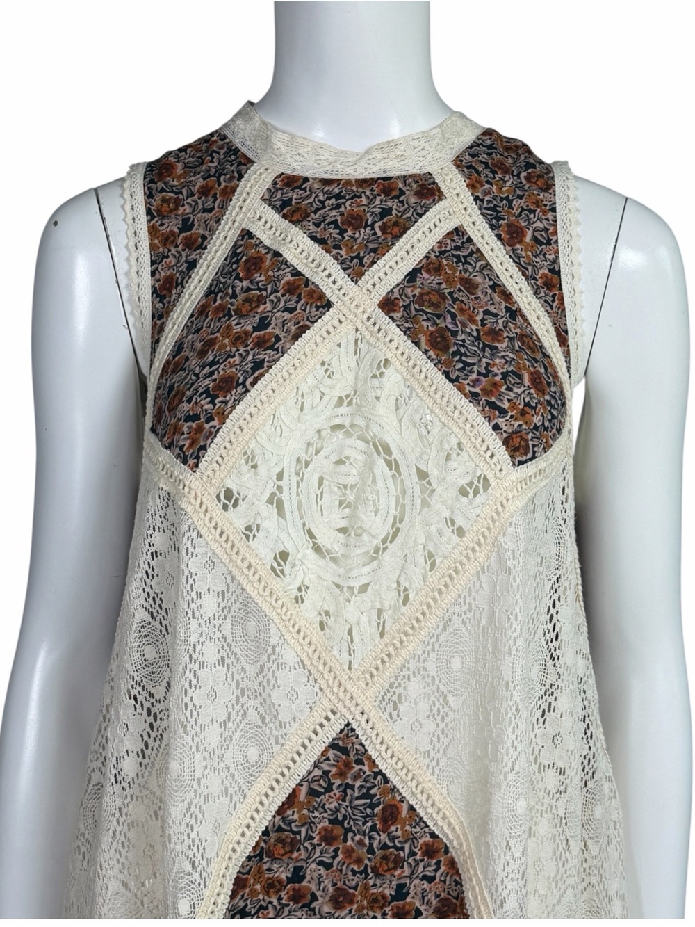 Umgee Floral Lace Boho Sleeveless Swing Dress Cream Rust Size Small Summer Dress - Picture 3 of 10